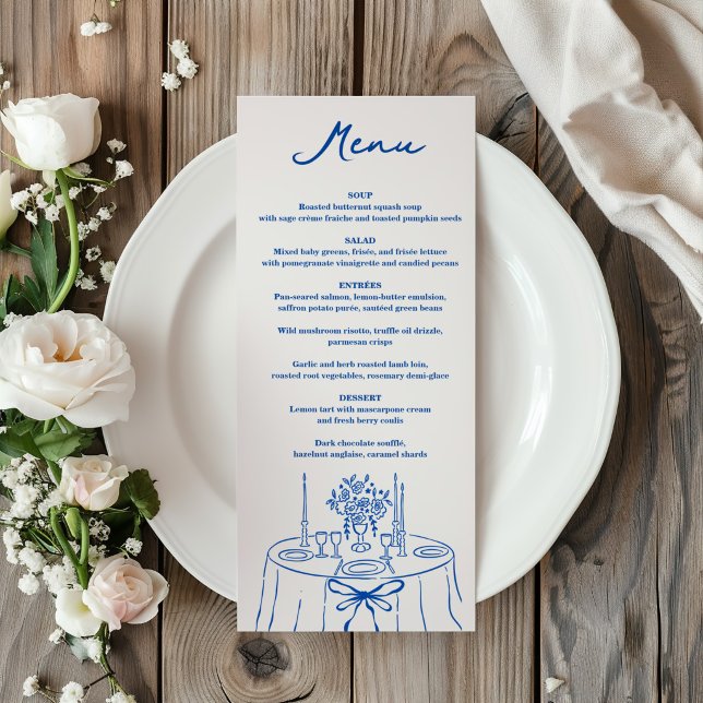 Fransk Blå Handritad Champagne Whimsical Bröllop Meny (Skapare uppladdad)