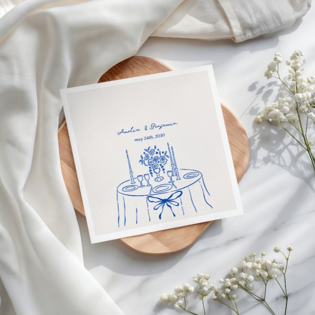 Fransk Blå Handritad Champagne Whimsical Bröllop Pappersservett (Skapare uppladdad)