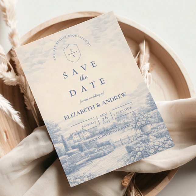 Fransk Blå Landsbygd Bröllop Tyll Spara Datumet (Skapare uppladdad)