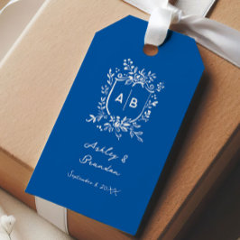 Fransk Blå Monogramm Stämpel Gammaldags Bröllop Presentetikett