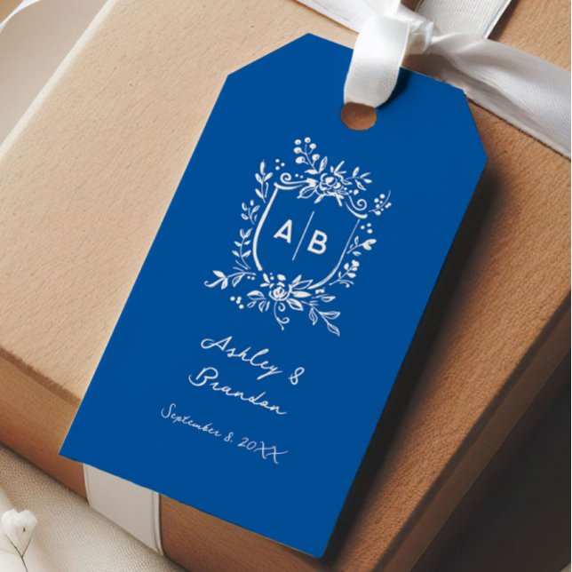 Fransk Blå Monogramm Stämpel Gammaldags Bröllop Presentetikett (Skapare uppladdad)