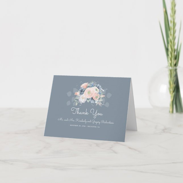 Fransk blå och dammig rosa elegant blomster tack kort (Framsida)