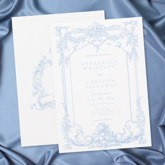 Fransk Blå Rokoko Vintage Elegant Bröllop Inbjudningar (French Blue Rococo Vintage Elegant Wedding Invitation)