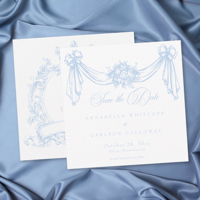 Fransk Blå Rokoko Vintage Elegant Bröllop Spara Datumet (French Blue Rococo Vintage Elegant Wedding Save The Date)
