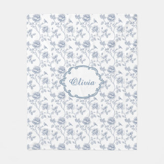 Fransk Blå Toile Chinoiserie Blommig Anpassat Namn Fleecefilt