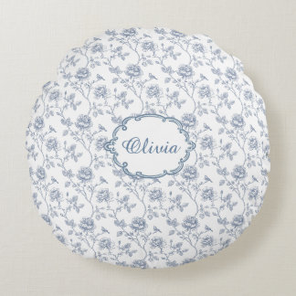 Fransk Blå Toile Chinoiserie Blommig Flicknamn Rund Kudde