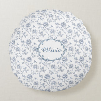Fransk Blå Toile Chinoiserie Blommig Flicknamn Rund Kudde