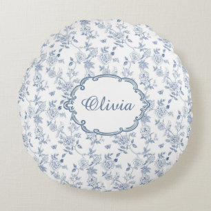 Fransk Blå Toile Chinoiserie Blommig Flicknamn Rund Kudde