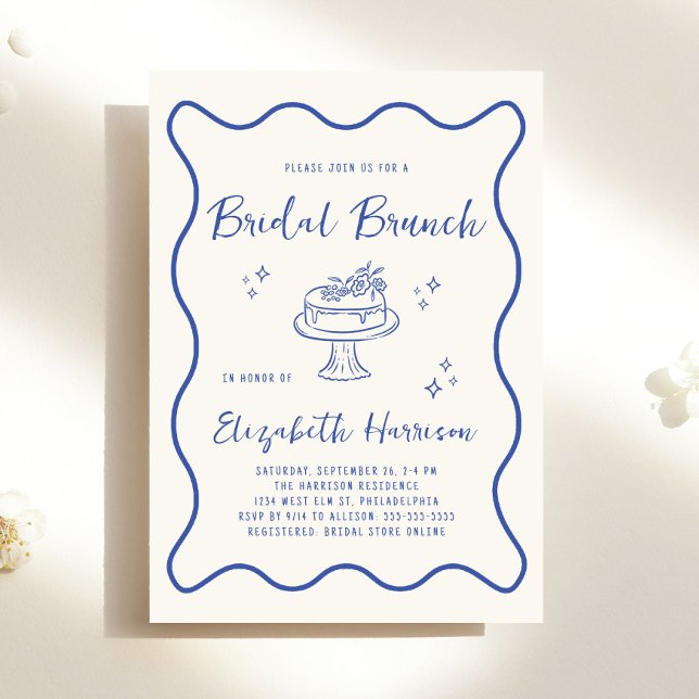 Fransk Blå Vågig Ram Kräm Bröllopsbrunch Shower Inbjudningar (French Blue Wavy Frame Cream Bridal Brunch Shower Invitation)