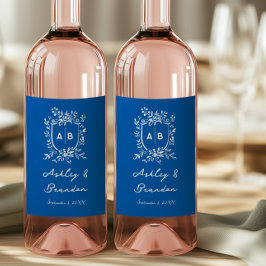 Fransk Blå Whimsical Blommig Monogram Topp Vinflaska Etikett