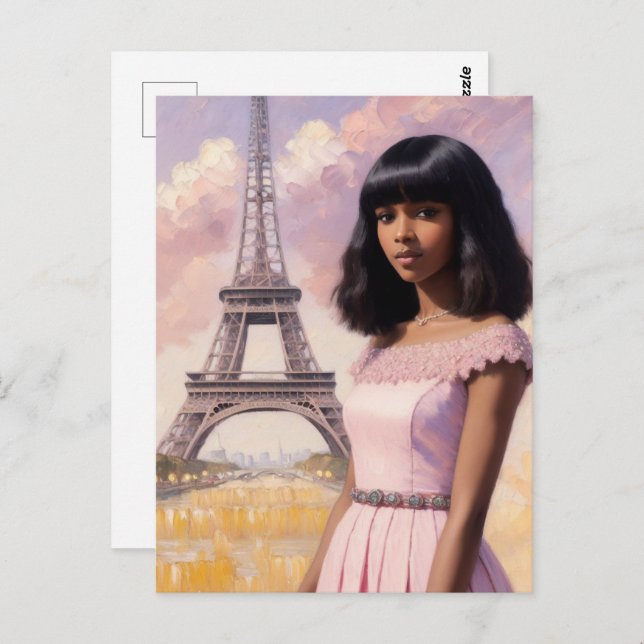 Fransk Black Girl Rosa Parisian Art Vykort (Fram/baksida)