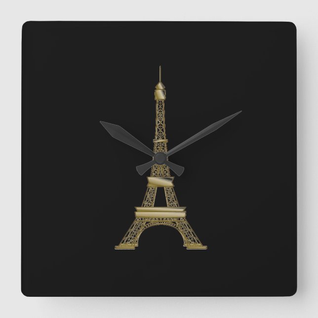 Fransk Black & Guld Eiffel Torn Wall Clock Fyrkantig Klocka (Framsida)