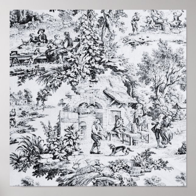 Fransk Black White Toile Chinoiserie Rustic Stil Poster (Framsidan)