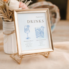 Fransk Blått Blommigt Linjekonst Namnteckning ritn Poster