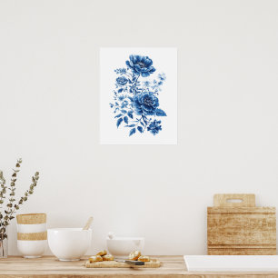 Fransk Blått Vattenfärg Toile Chinoiserie Blommig Poster