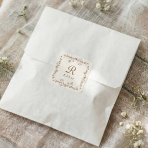 Fransk Blommig Brun Vintage Monogram Bröllop Fyrkantigt Klistermärke