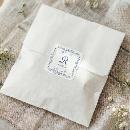 Fransk Blommig Marinblå Vintage Monogram Bröllop Fyrkantigt Klistermärke
