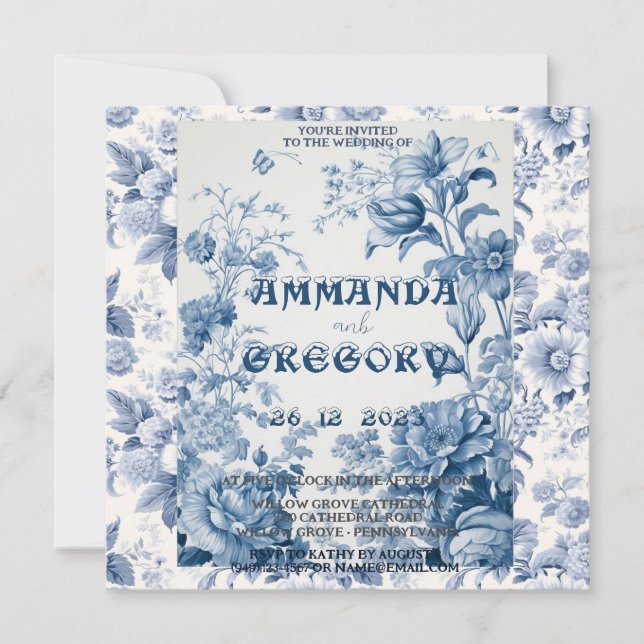 Fransk Blommigt - blått inbjudan (Framsida)