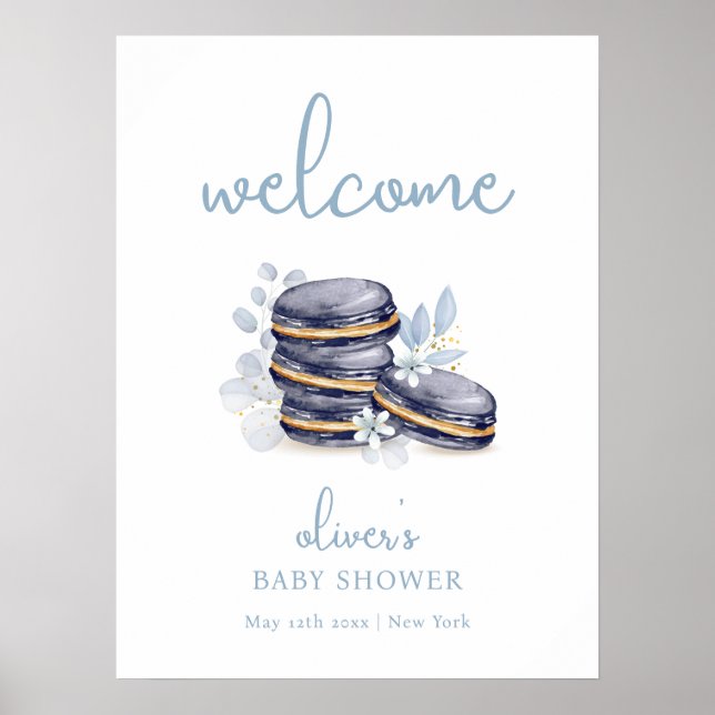 Fransk Blommigt Bonjour Macaron Baby Shower Välkom Poster (Framsidan)