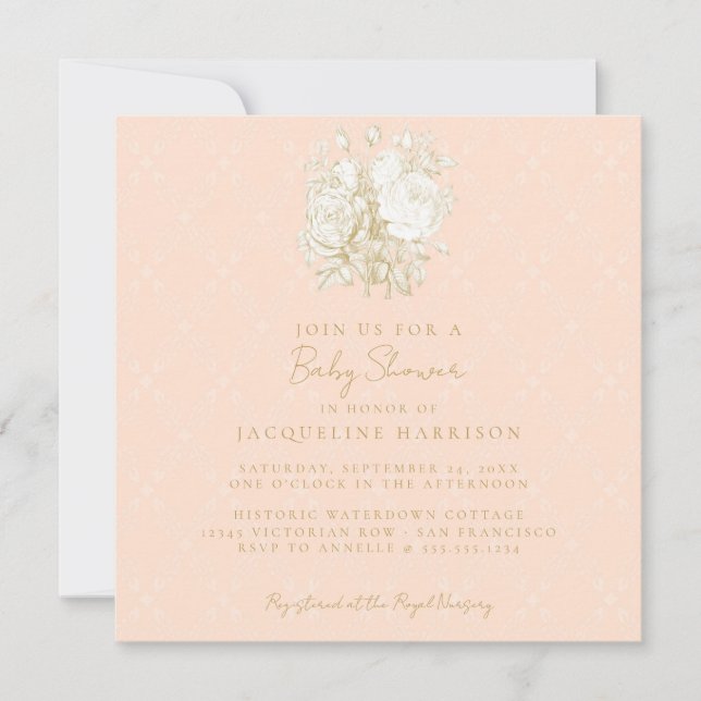 Fransk Blommigt Elegant Toile Rosa Guld Baby Showe Inbjudningar (Framsida)