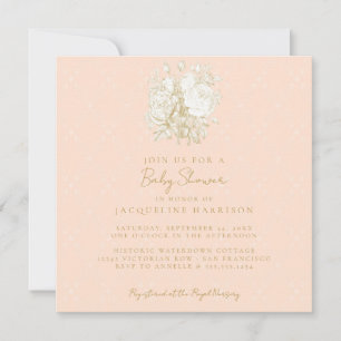 Fransk Blommigt Elegant Toile Rosa Guld Baby Showe Inbjudningar