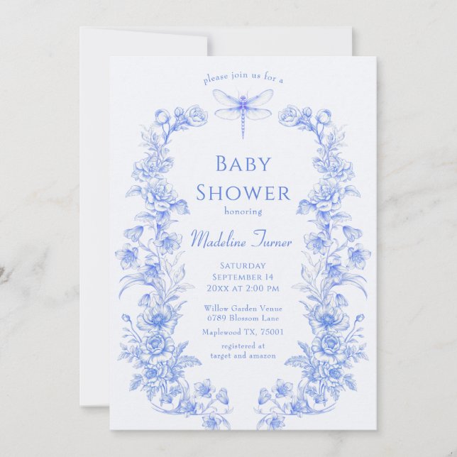 Fransk Blommigt något Blue Dragonfly Baby Shower Inbjudningar (Framsida)