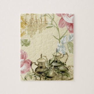 Fransk blommigt Tekannan Tekopp Paris Tea Party Pussel