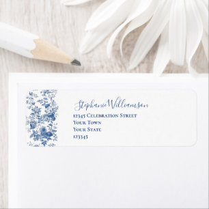 Fransk Blommigt Toile Blue Bröllop Returadress Etikett