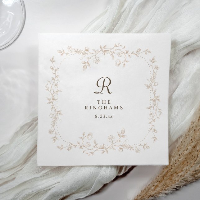 Fransk blomster beige tan viktoriansk monogram brö pappersservett (Vintage French beige napkin featuring a personalized floral monogram)