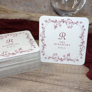 Fransk blomster burgunder röd monogram bröllop underlägg papper kvadrat