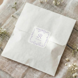 Fransk blomster lavendel lila monogram bröllop fyrkantigt klistermärke
