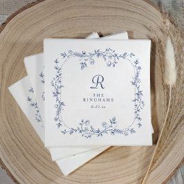 Fransk blomster- navyblå viktoriansk monogram bröl pappersservett