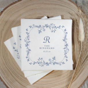 Fransk blomster- navyblå viktoriansk monogram bröl pappersservett