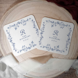 Fransk blomster- navyblå viktoriansk monogram bröl underlägg papper kvadrat