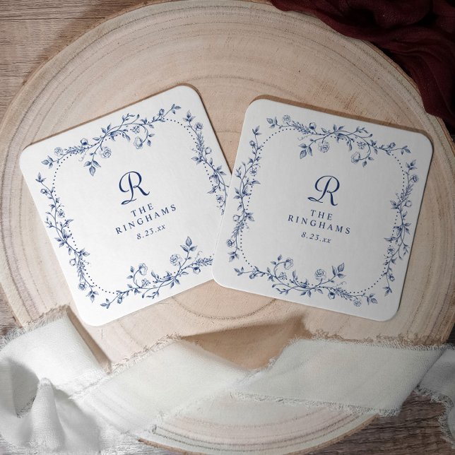 Fransk blomster- navyblå viktoriansk monogram bröl underlägg papper kvadrat (Personalized Navy Blue Wedding Coaster with Chinoiserie Floral Border)