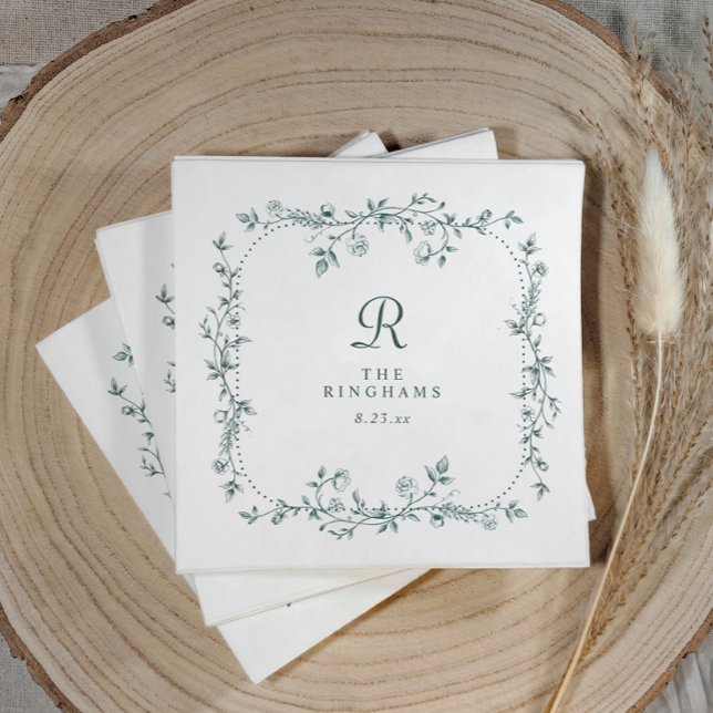 Fransk blomster smaragdgrön monogram bröllop pappersservett (Personalized emerald green napkin with vintage French floral frame design)