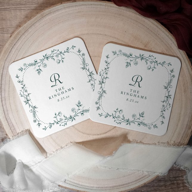 Fransk blomster smaragdgrön monogram bröllop underlägg papper kvadrat (Emerald Green Wedding Paper Coaster with Monogram and Vintage Floral Frame)