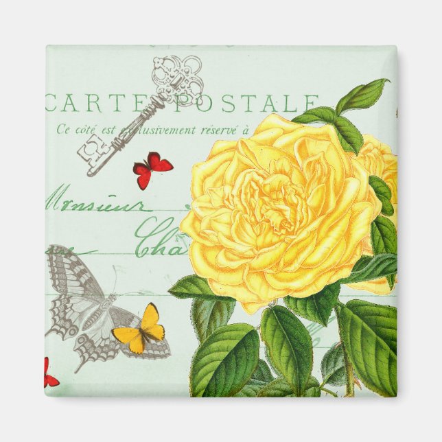 Fransk blomster vintage magnet med gul ros (Framsidan)
