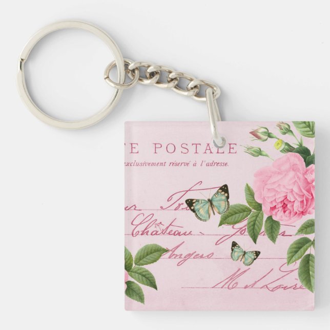 Fransk blomster vintage nyckelring med rosa ros (Framsidan)