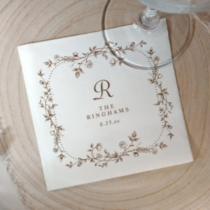 Fransk blomsterbrun viktoriansk monogram bröllop pappersservett