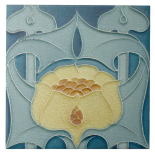 Fransk blomsterformgivning gul Art Nouveau akblå b Kakelplatta