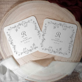Fransk blomstergrå viktoriansk monogrambröllop underlägg papper kvadrat