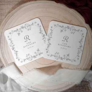 Fransk blomstergrå viktoriansk monogrambröllop underlägg papper kvadrat