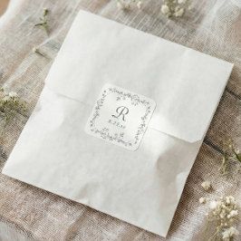 Fransk blomstergrå vintage-monogrambröllop fyrkantigt klistermärke