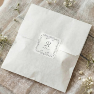 Fransk blomstergrå vintage-monogrambröllop fyrkantigt klistermärke