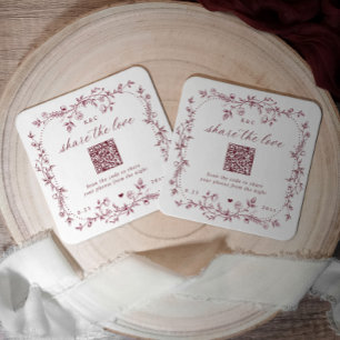 Fransk blomsterrik burgunder röd QR-kod bröllop Underlägg Papper Kvadrat