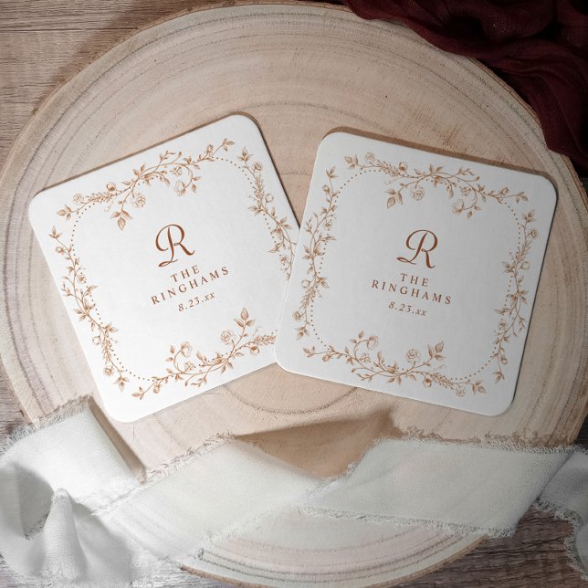 Fransk blomsterterrakotta orange monogram bröllop underlägg papper kvadrat (Personalized Terracotta Wedding Coaster with Vintage French Floral Design)