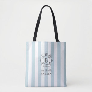Fransk Blue and White Awning Rand med Monogram Tygkasse