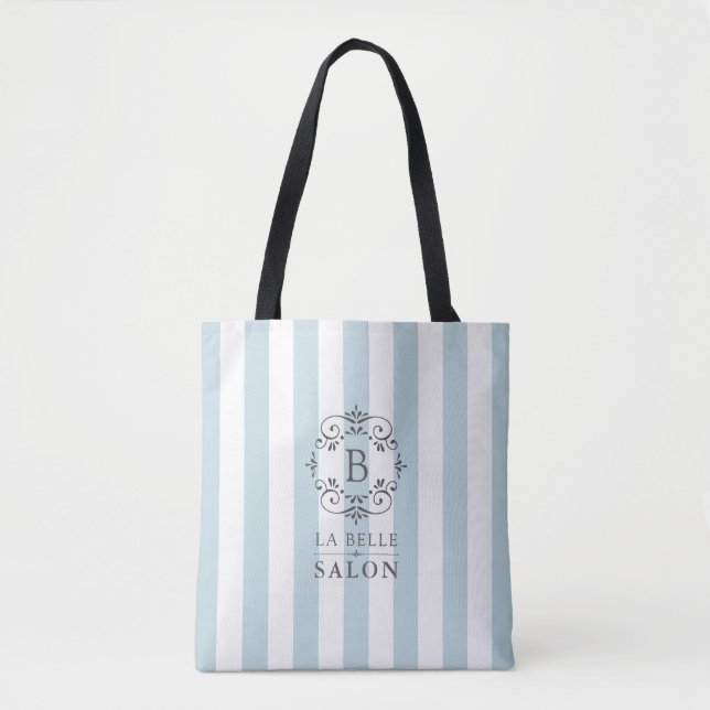 Fransk Blue and White Awning Rand med Monogram Tygkasse (Framsida)