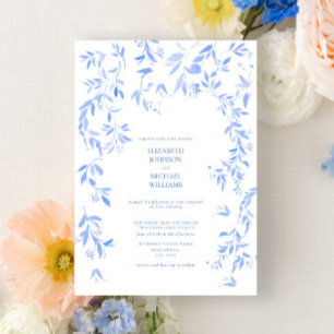 Fransk Blue Blommigt Botanical Bröllop Inbjudningar